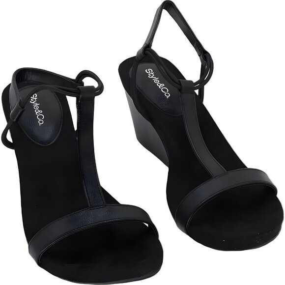 Style & Co Mulan Black Pebble Wedge T-Strap Sandals Women's US 8.5M - Picture 1 of 6